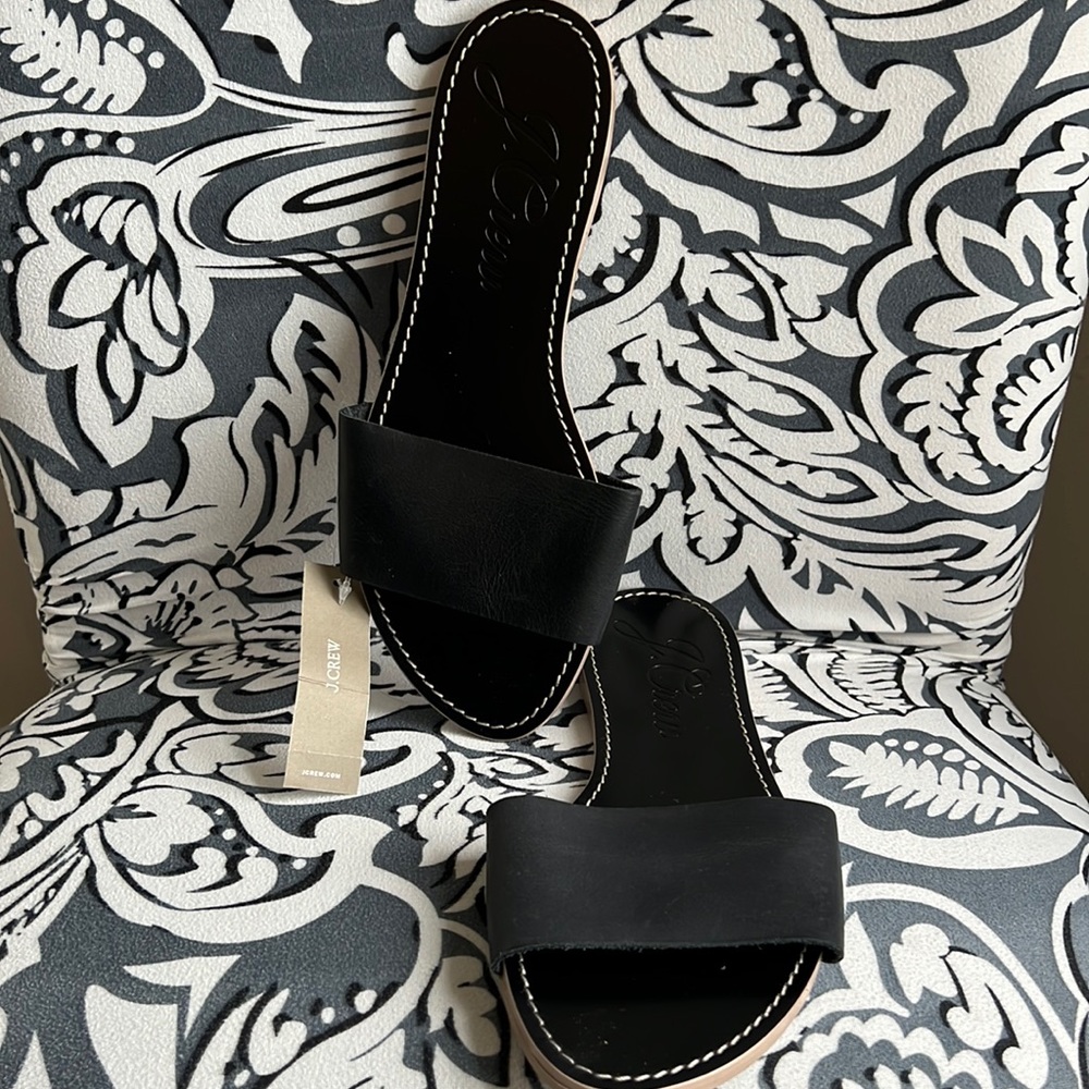 NWT J.Crew Black Leather Slides Sz 8